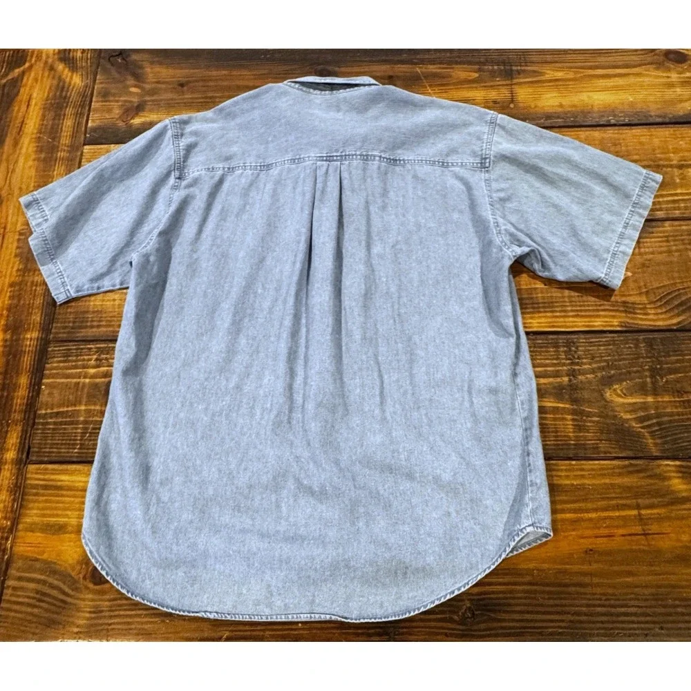 Vintage 90s Bugle Boy Gold Crest Denim Shirt Mens XL Light Wash Short Sleeve